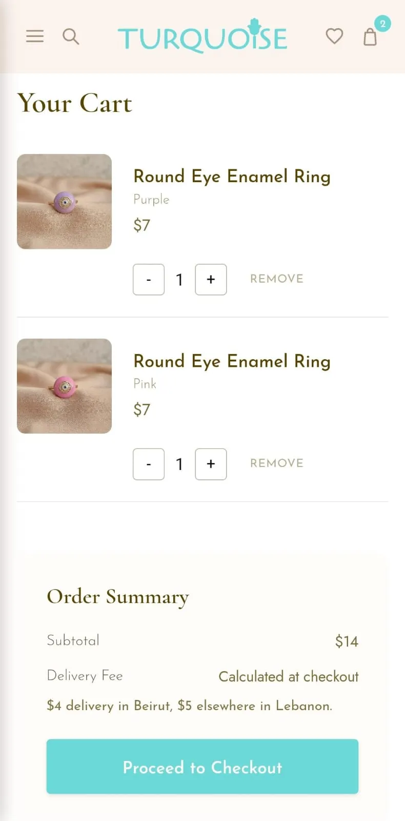 Turquoise Accessories cart and checkout