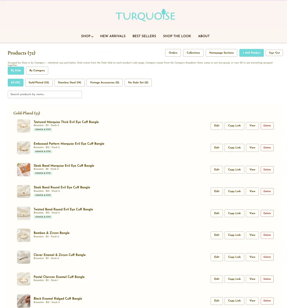 Turquoise Accessories custom admin dashboard