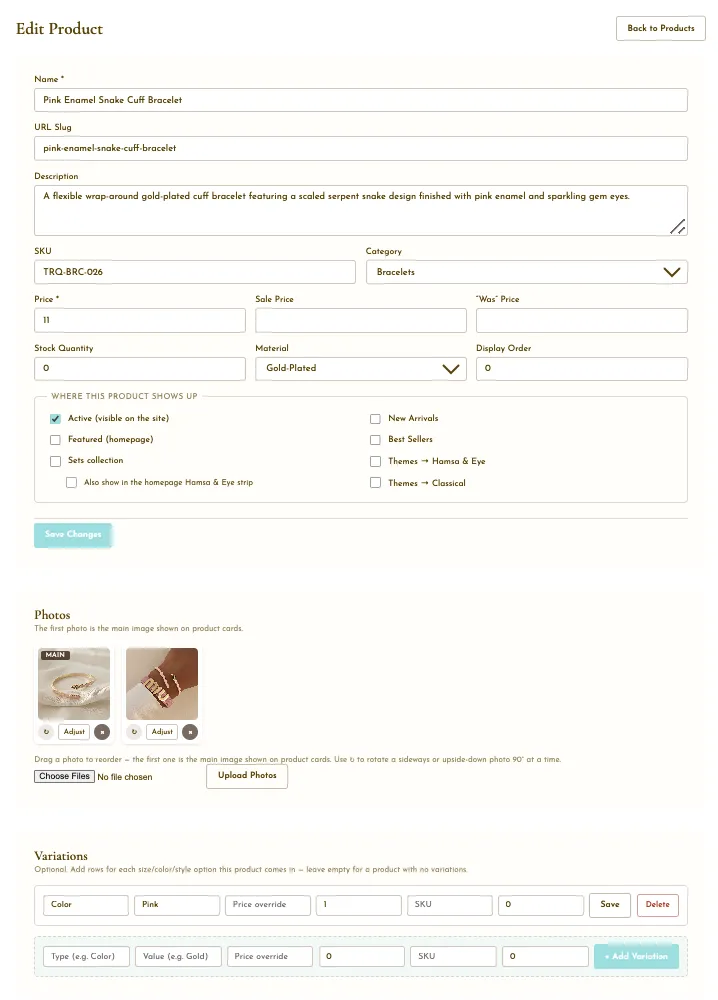 Turquoise Accessories admin dashboard detail
